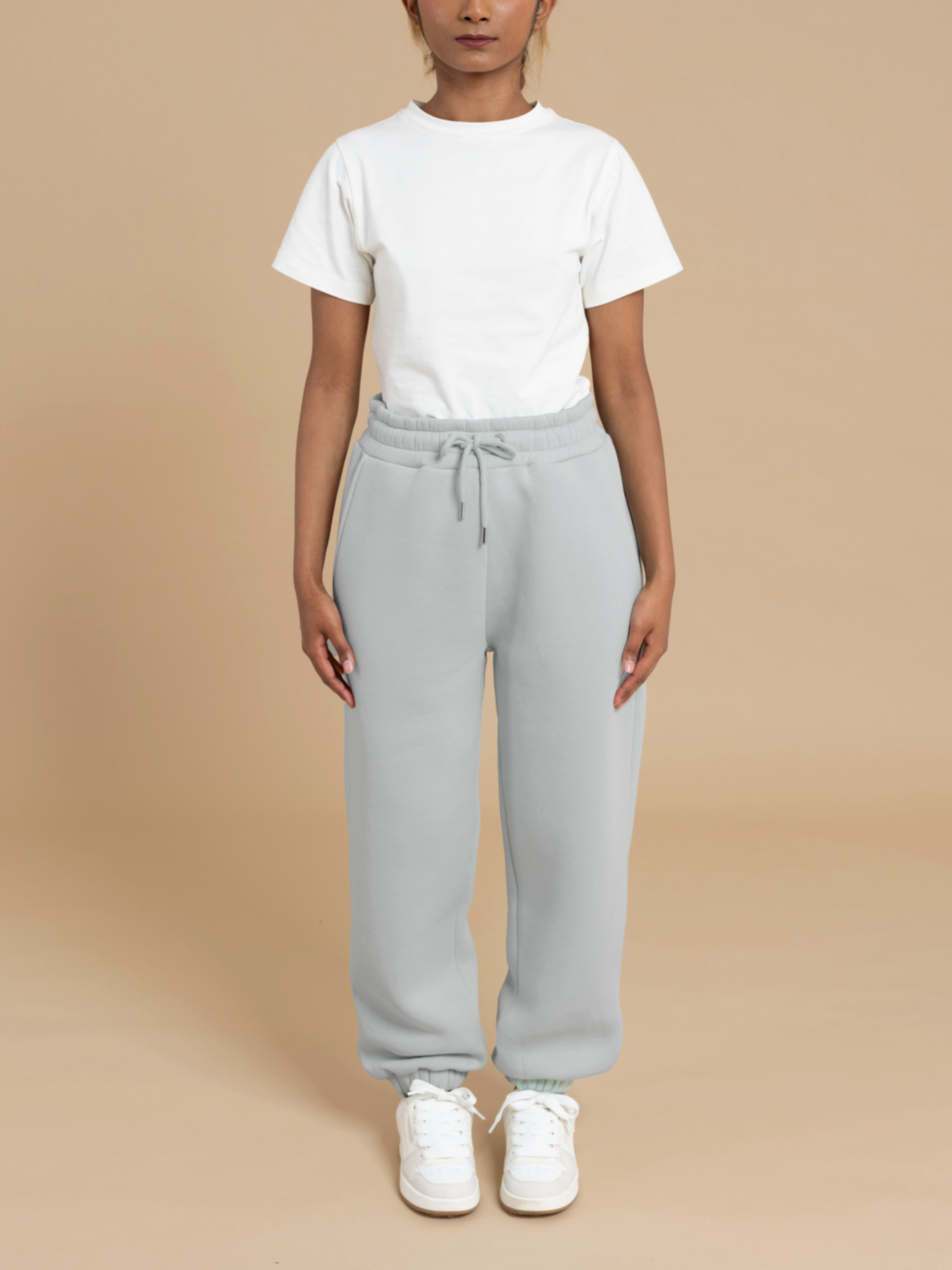 Grey sweatpants and white shirt sale