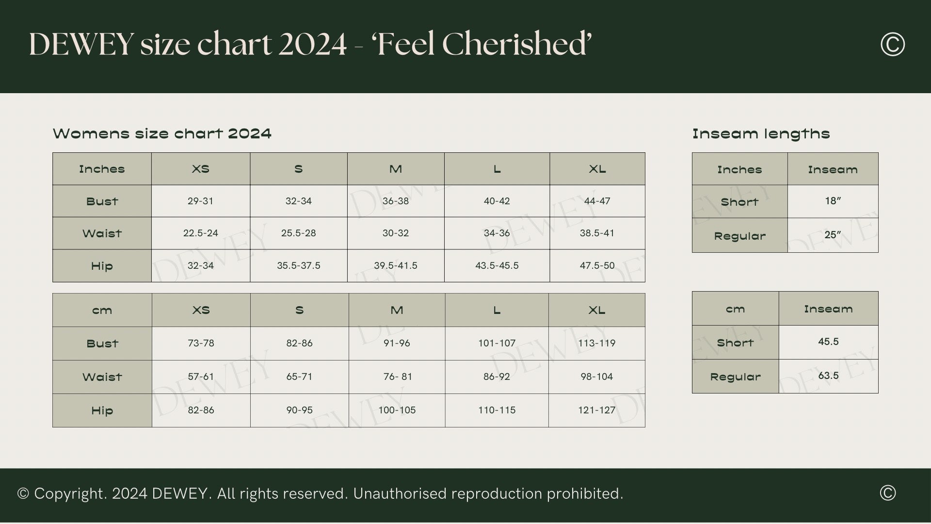 Visual representation of Dewey's size chart, providing essential measurements for selecting the appropriate size.